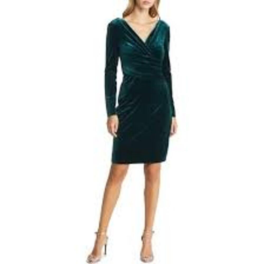 Eliza J Womens Velvet Body Con Green Dress Glam Party Winter Holidays Ruched 6